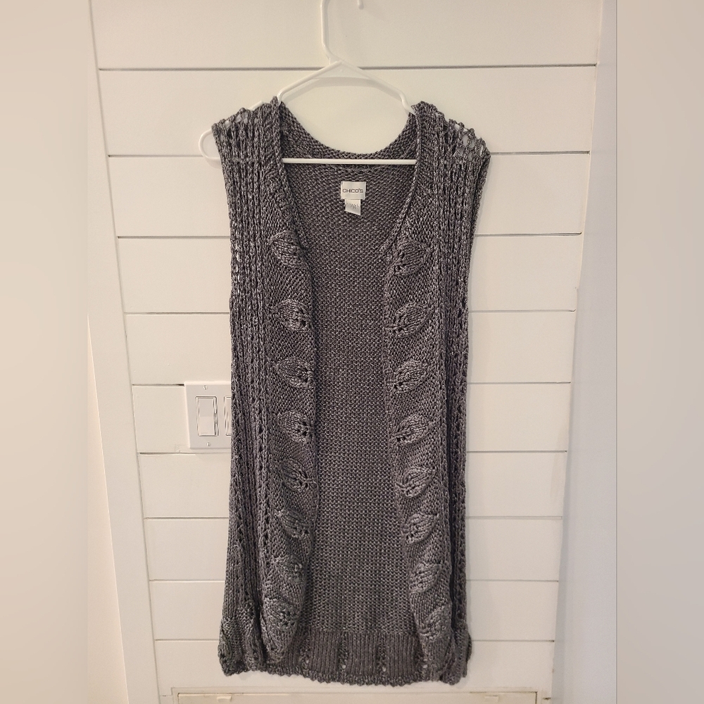 Chico's Long Gray Cable Knit Sleeveless Sweater Vest